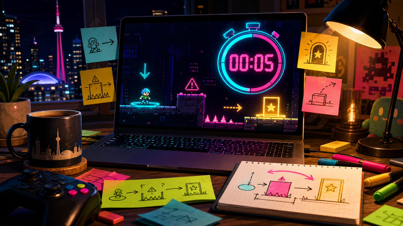 A laptop showing a neon 2D browser game prototype with a five-second timer, visible goal, hazard, and playtest notes on a desk.