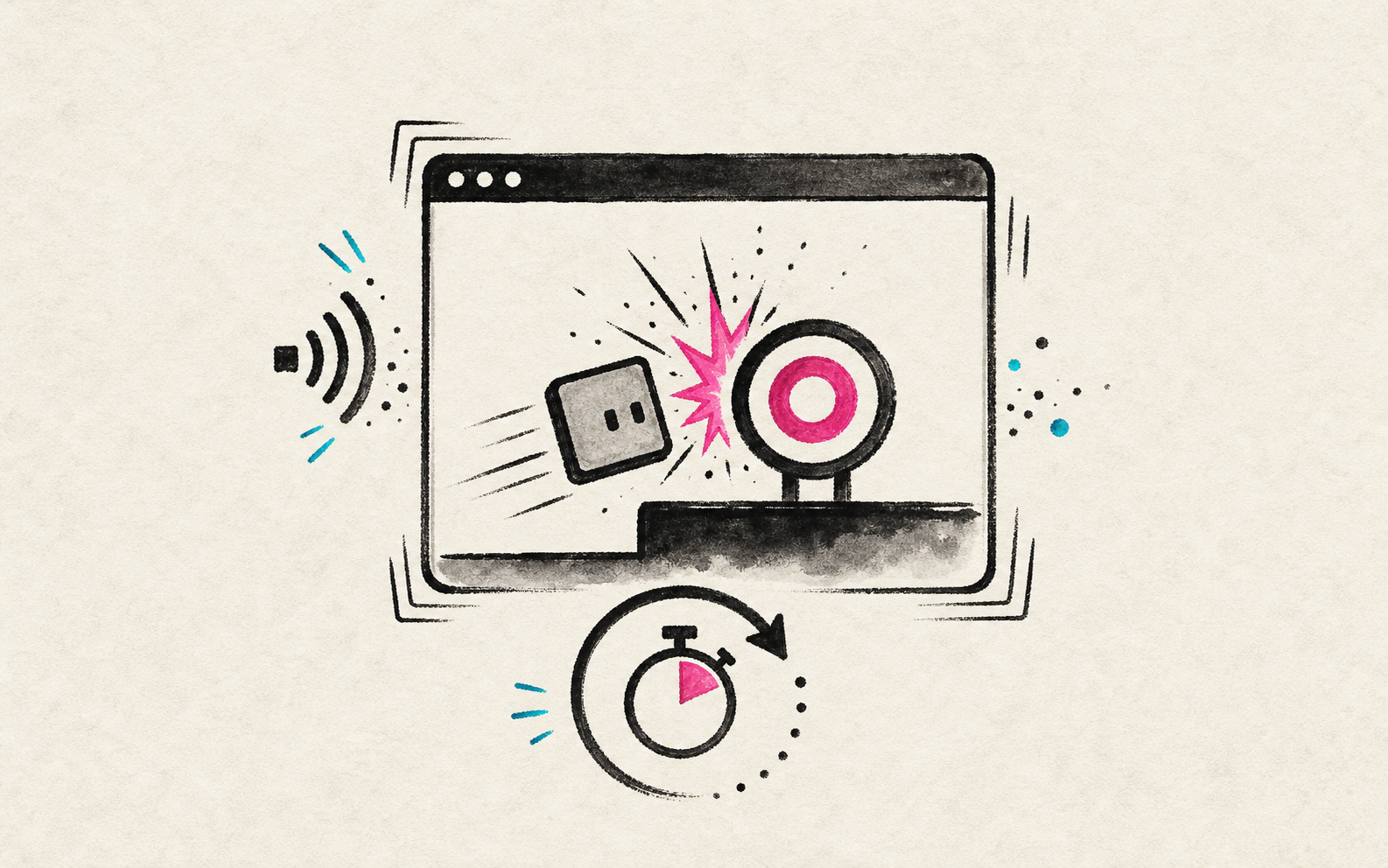 Minimal ink illustration of a tiny browser game screen with a square character hitting a target, impact marks, sound waves, particles, and an iteration timer.