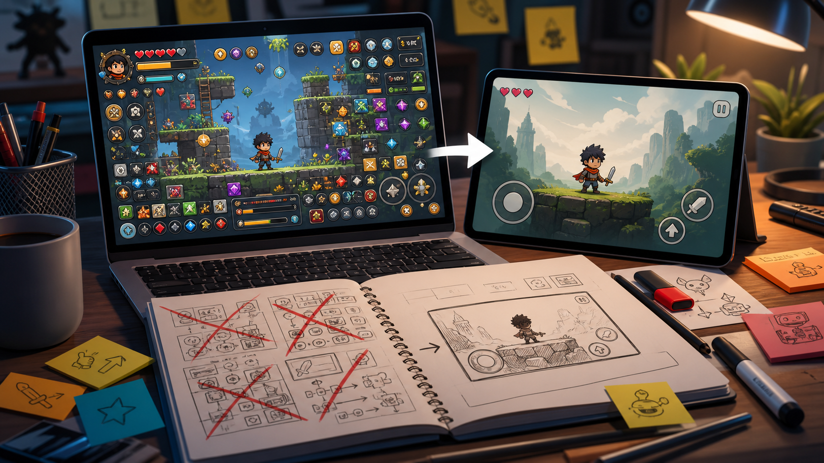 A laptop and tablet showing a cluttered generated game prototype being simplified into one clear playable screen.