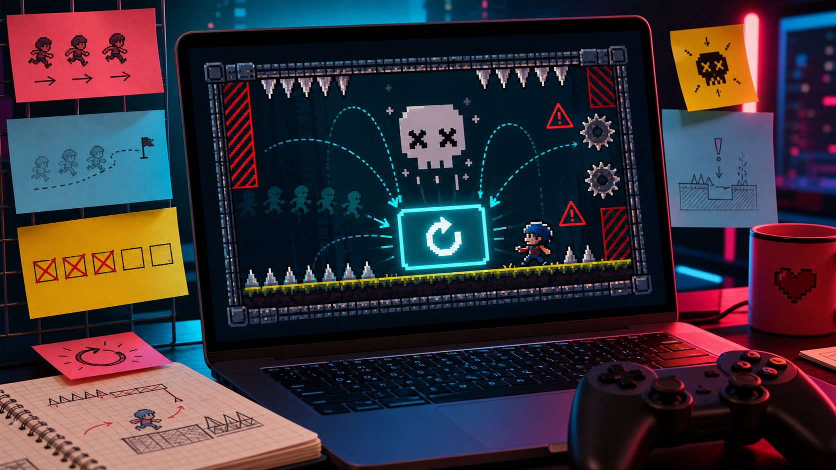 A laptop showing a tiny 2D platformer prototype with hazard markers, attempt sketches, and a gamepad on a neon-lit desk.
