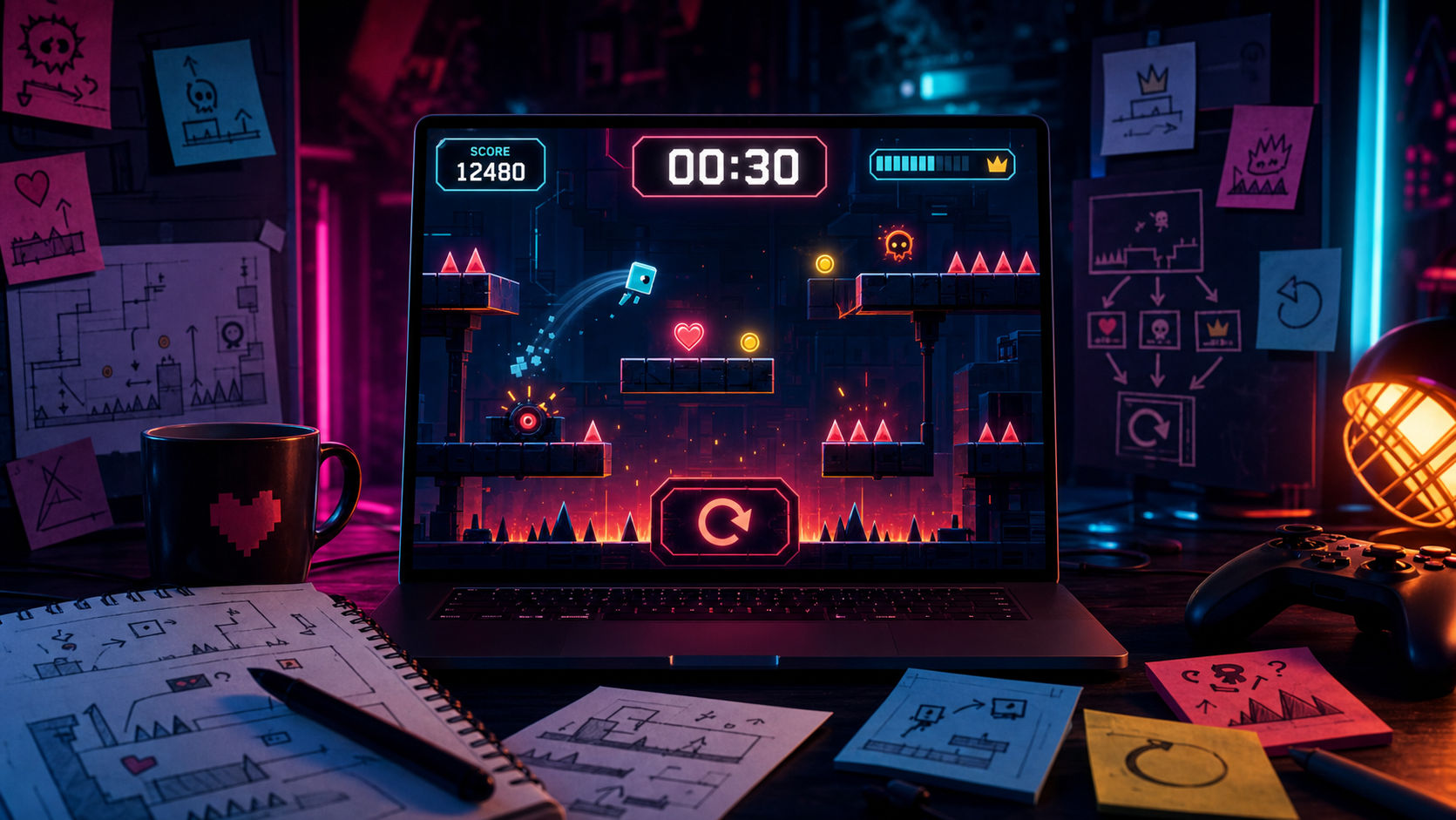 Magazine-style illustration of a browser game prototype with a 30-second timer, score counter, hazards, pickups, and prompt notes.